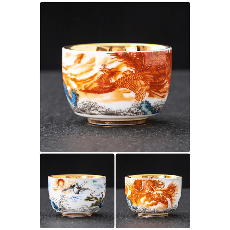 Buddha Stones Dragon Phoenix Crane Sun Ocean Waves Gilt Ceramic Teacup Kung Fu Tea Cup 170ml
