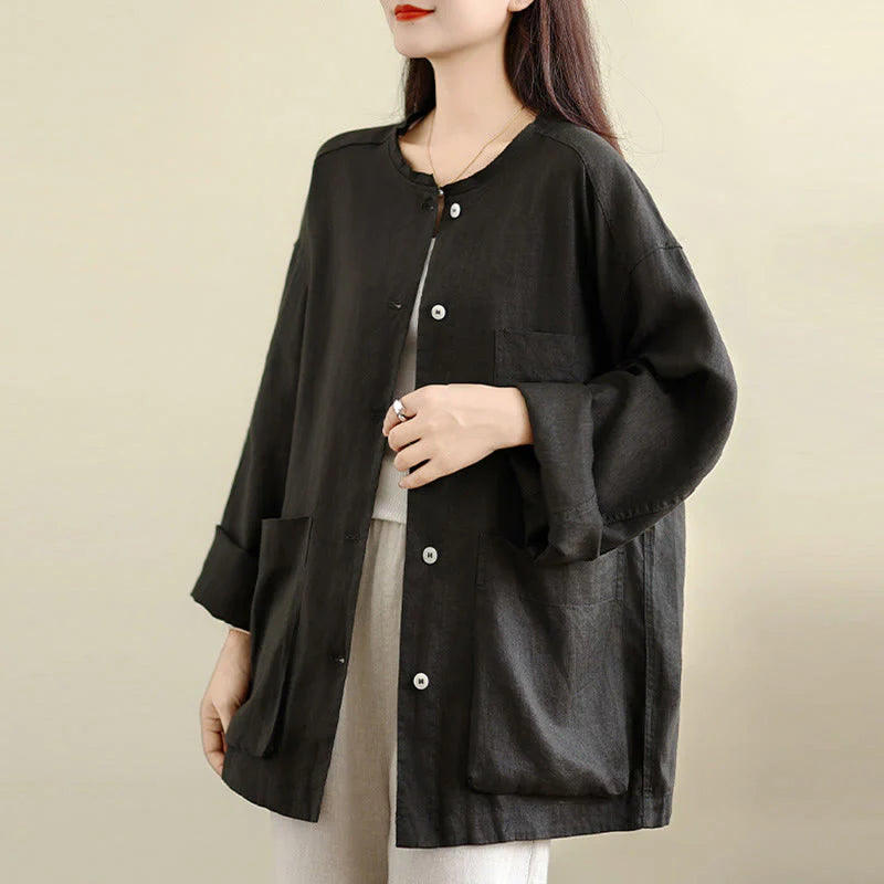 Buddha Stones Spring Crew Neck Long Sleeve Plain Women's Cotton Buttons Shirt With Pockets