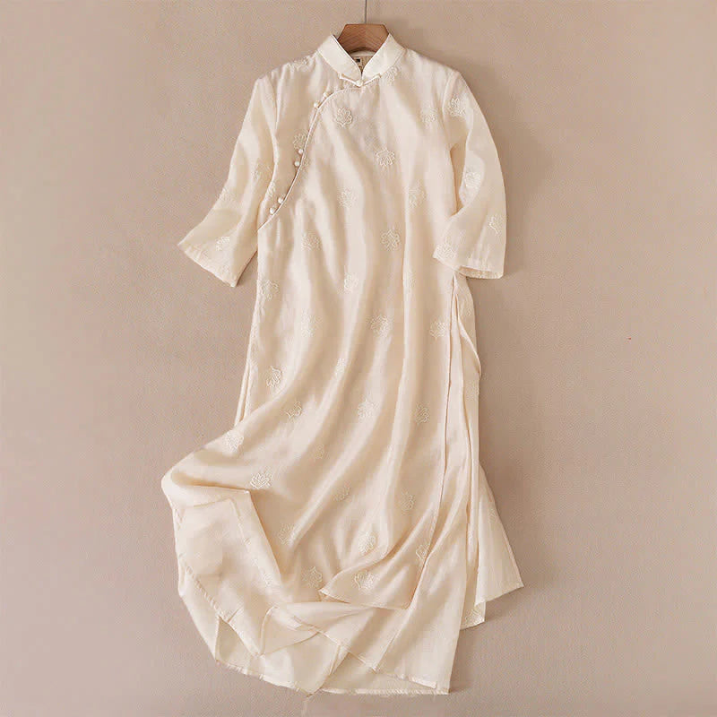 Buddha Stones Embroidery Flower Frog-Button Stand Collar Side Slit Short Sleeve Maxi Dress