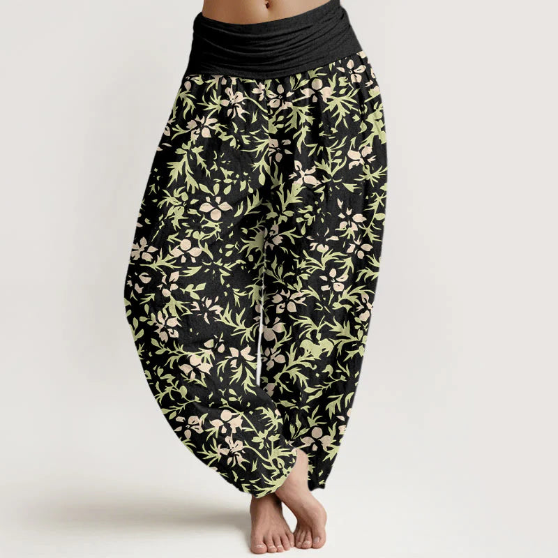 Buddha Stones Pure Cotton Abstract Flowers Leaves Pattern Women's Elastic Waist Harem Pants