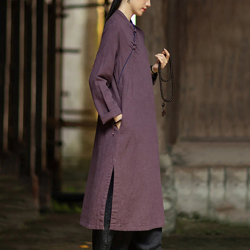Buddha Stones Solid Frog-Button Long Sleeve Ramie Linen Midi Dress Cheongsam With Pockets