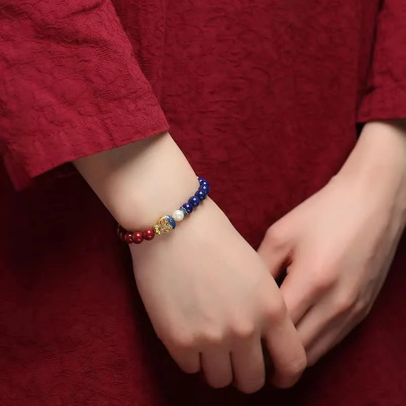 Buddha Stones Cinnabar Lapis Lazuli Koi Fish Ruyi Cloud Charm Blessing Beaded Bracelet