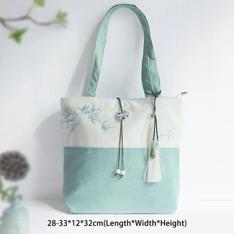 Buddha Stones Pear Flower Plum Peach Blossom Bamboo Embroidery Canvas Large Capacity Shoulder Bag Tote Bag