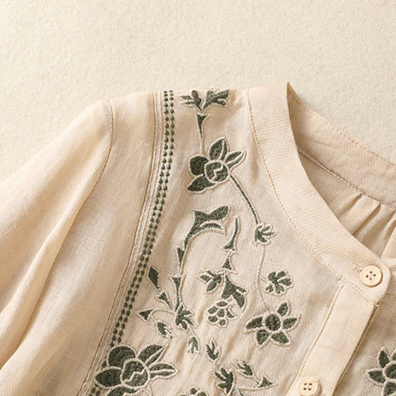 Buddha Stones Embroidery Single Breasted Women's Cotton Linen Three Quarter Sleeve Shirt