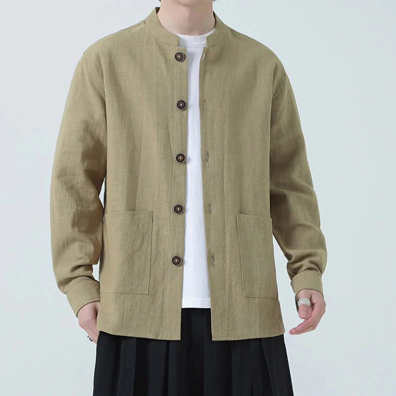 Buddha Stones Men's Button Ramie Linen Cotton Fleece Lined Jacket Shirt With Pockets