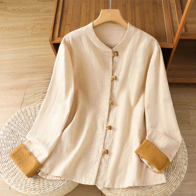 Buddha Stones Color Contrast Design Chinese Frog-Button Long Sleeve Women's Linen Shirt