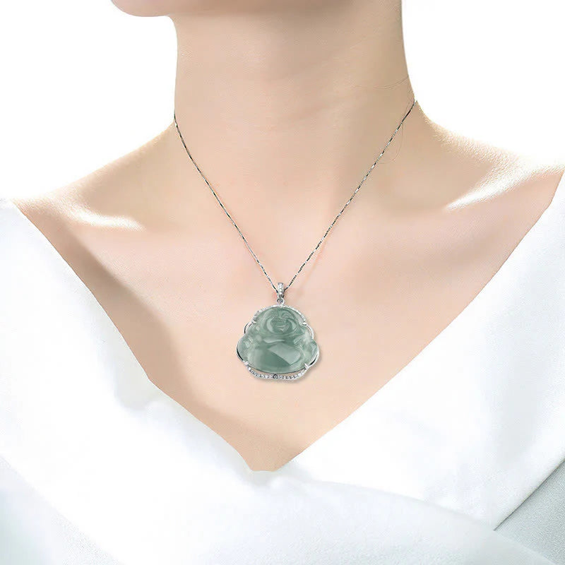 Buddha Stones Laughing Buddha Natural Jade Luck Necklace Titanium Steel Chain Pendant