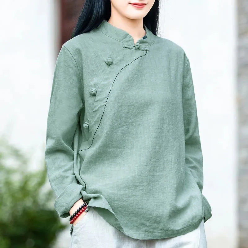 Buddha Stones Oblique Collar Knot button Loose Linen Clothing