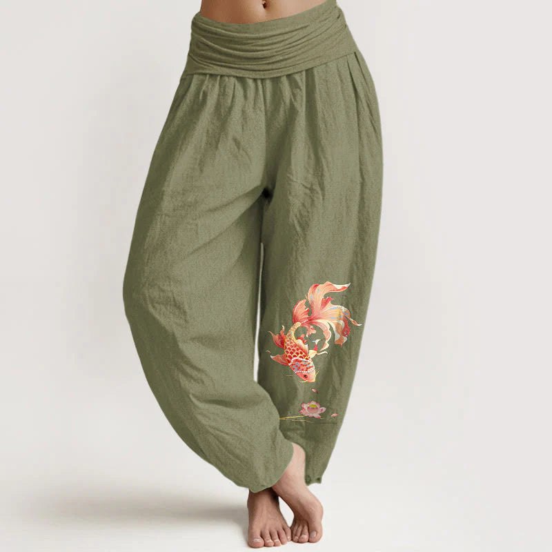 Buddha Stones Cotton Luck Koi Fish Lotus Pattern Women's Elastic Waist Harem Pants