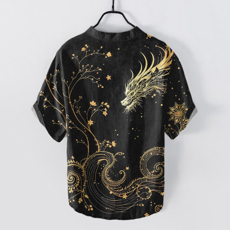 Buddha Stones Cotton Wave Dragon Flower Pattern Men's Short Sleeve Half Button Shirt