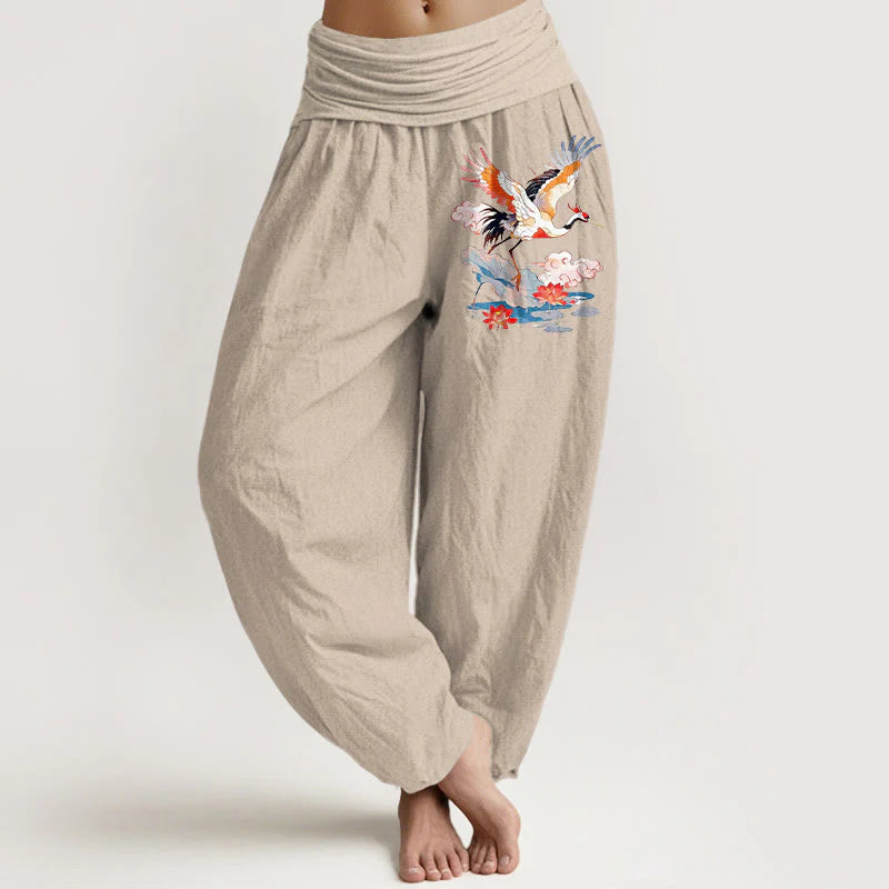 Buddha Stones Pure Cotton Colourful Crane Lotus Leaf Flower Cloud Pattern Women's Elastic Waist Harem Pants