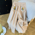 Buddha Stones Casual Beige Embroidery Women's Wide Leg Cotton Linen Pants With Pockets