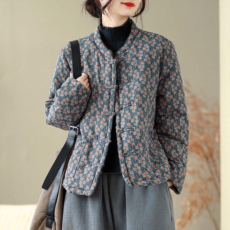 Buddha Stones Winter Frog-button Floral Long Sleeve Women's Thickened Cotton Jacket With Pockets
