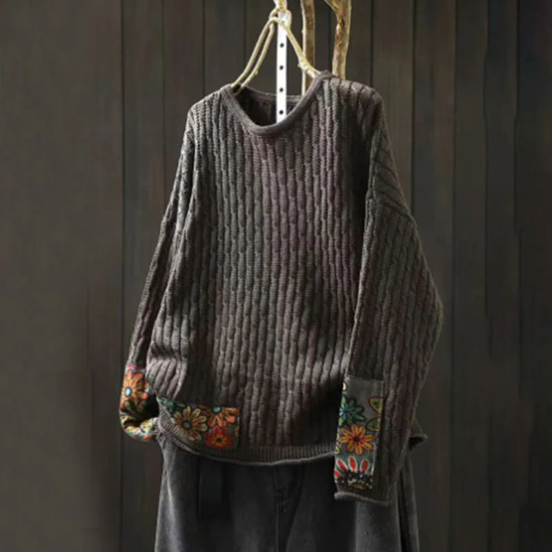 Buddha Stones Winter Patchwork Design Long Sleeve Crew Neck Women's Cotton Sweater