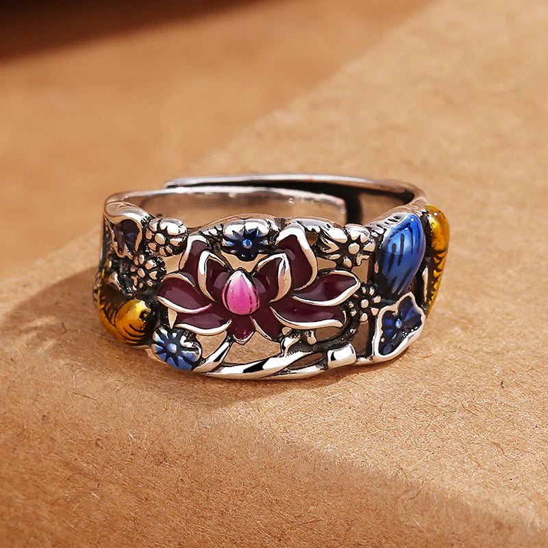 Buddha Stones Koi Fish Lotus Flower Leaf Design Luck Wealth Ring