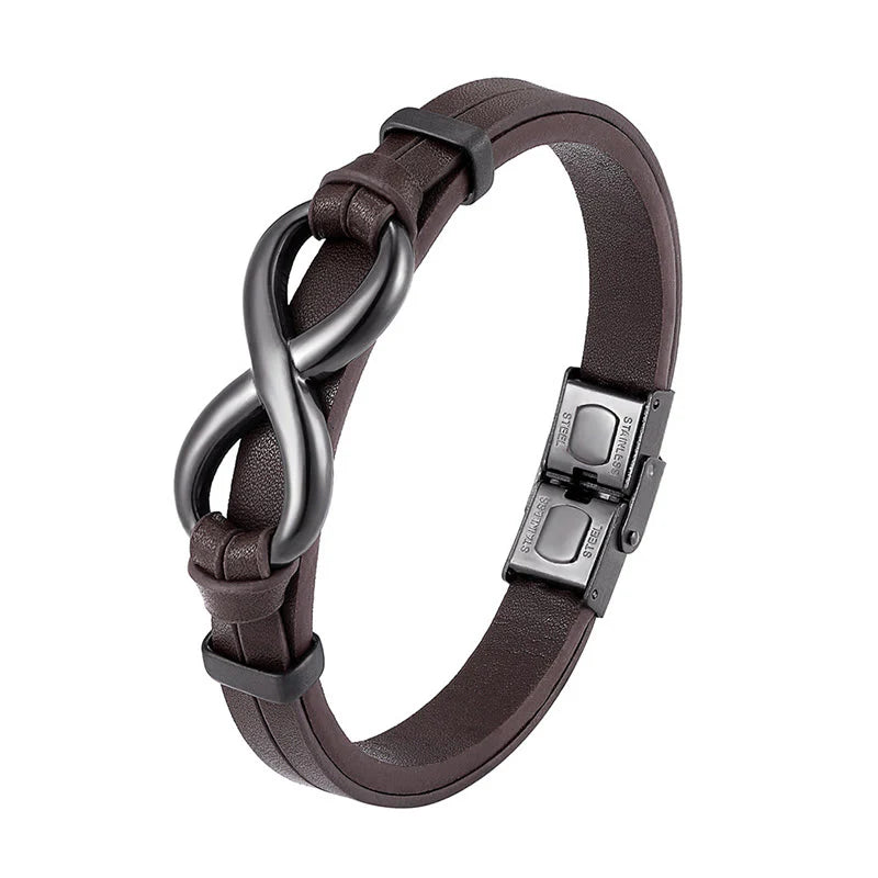 Buddha Stones Infinitely Design Titanium Steel Single Layer Leather Balance Bracelet