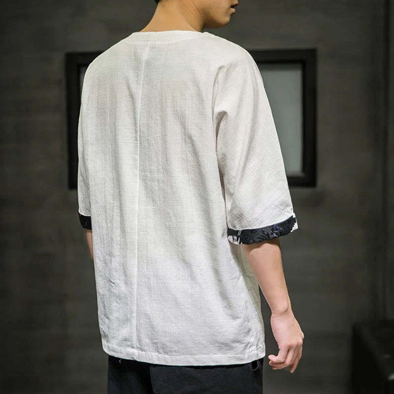 Buddha Stones Summer Retro Solid Color Patchwork Design Men's Three Quarter Sleeve Cotton Linen T-Shirt