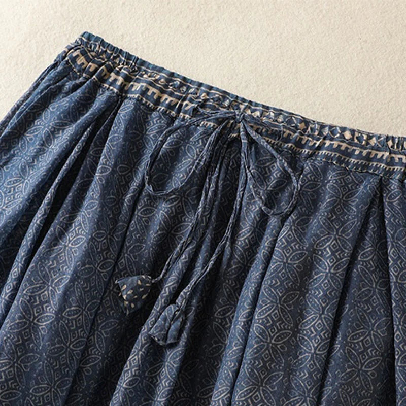 Buddha Stones Vintage Ethnic Floral Pattern Lined Drawstring Women's Skirt With Pockets