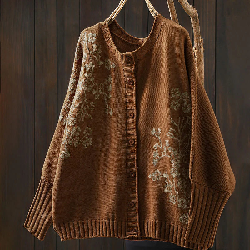 Buddha Stones Floral Buttons Cotton Women's Long Batwing Sleeve Knitted Cardigan