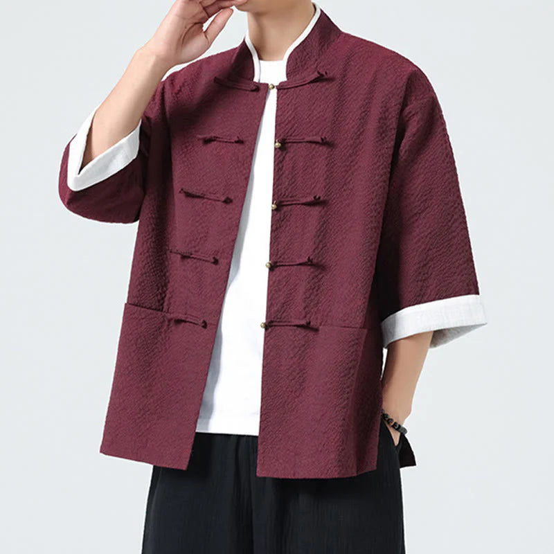 Buddha Stones Spring Solid Color Three Quarter Sleeve Tang Suit Men's Buttons Shirt With Pockets