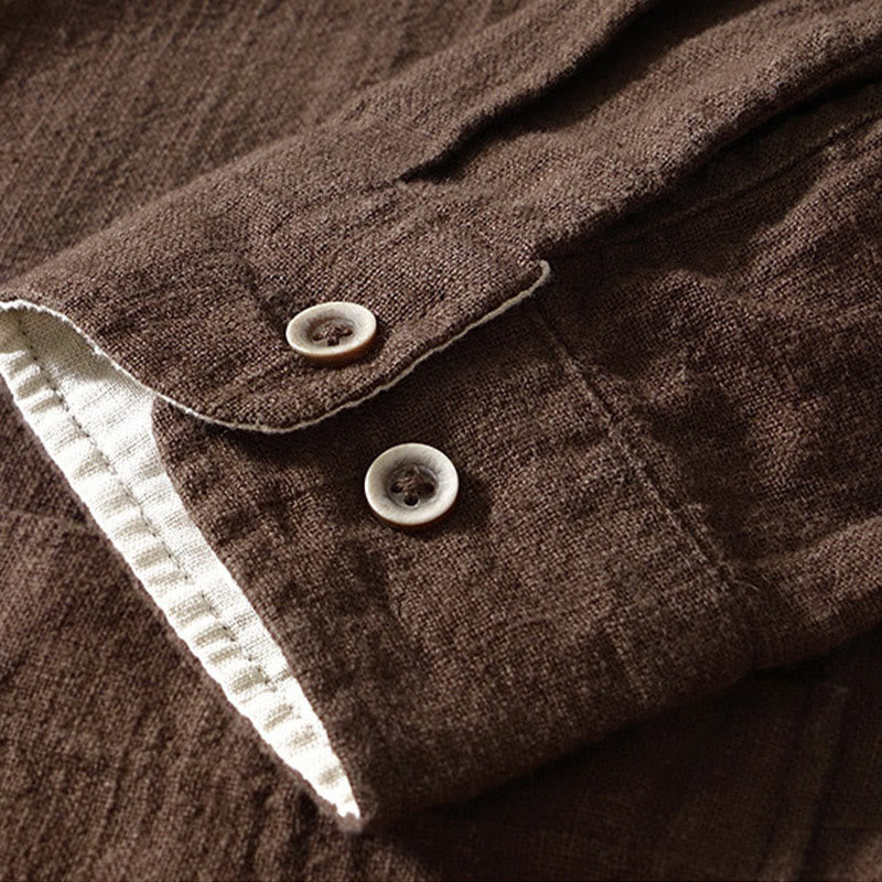 Buddha Stones Solid Color Men's Buttons Long Sleeve Cotton Linen Shirt With Pockets