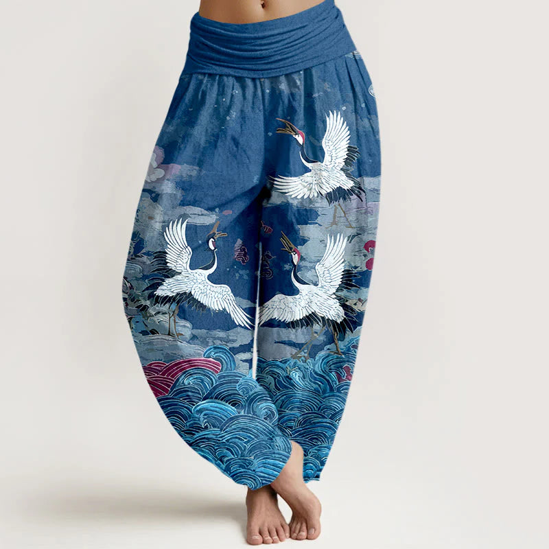 Buddha Stones Cotton Classic Crane Waves Cloud Pattern Women's Elastic Waist Harem Pants