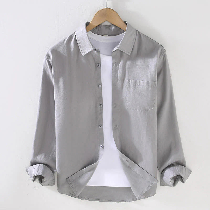 Buddha Stones Spring Men's Casual Pure Color Linen Long Sleeve Shirt With Pocket