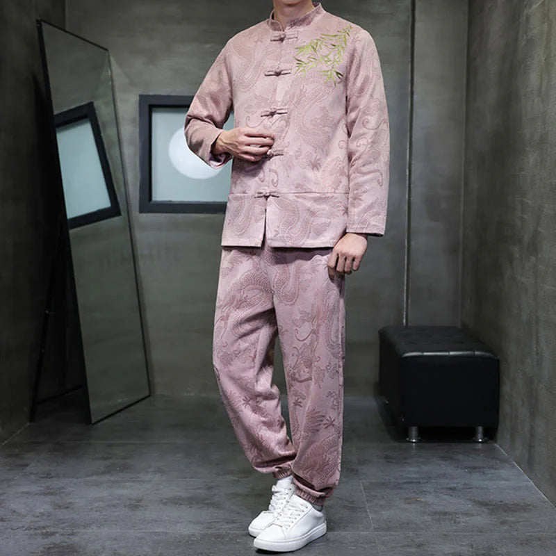 Buddha Stones 2Pcs Spring Dragon Bamboo Clouds Men's Tang Suit Frog-Button Cotton Long Sleeve Jacket Pants Set With Pockets