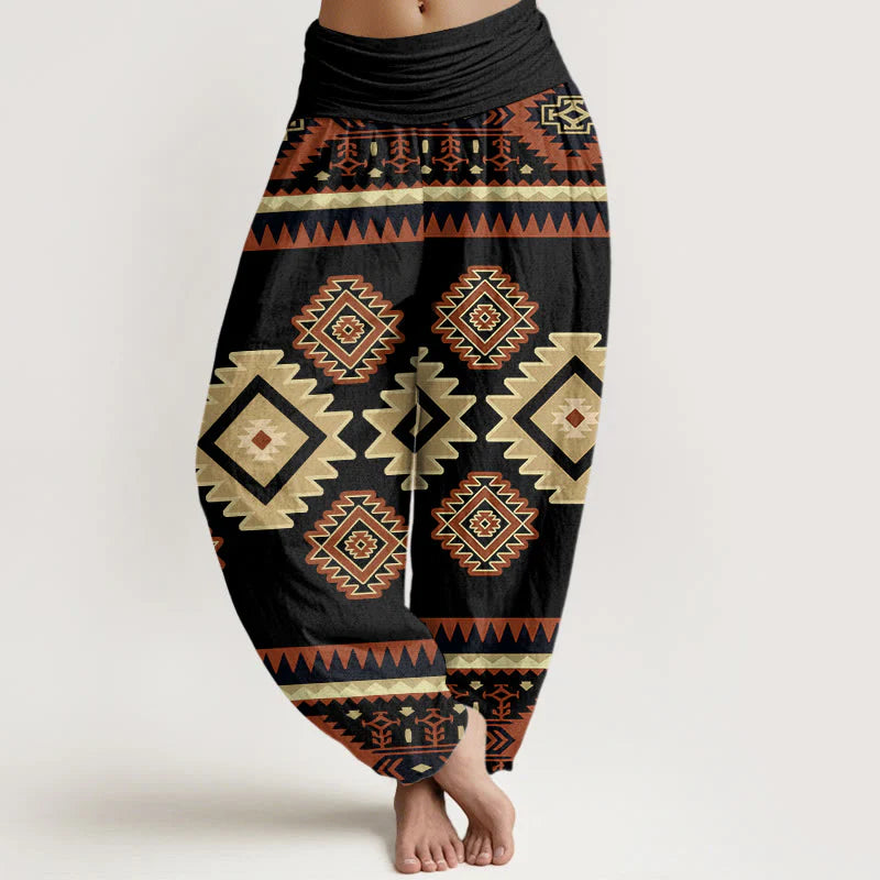 Buddha Stones Cotton Casual Symmetrical Navajo Textile Style Pattern Women's Elastic Waist Harem Pants