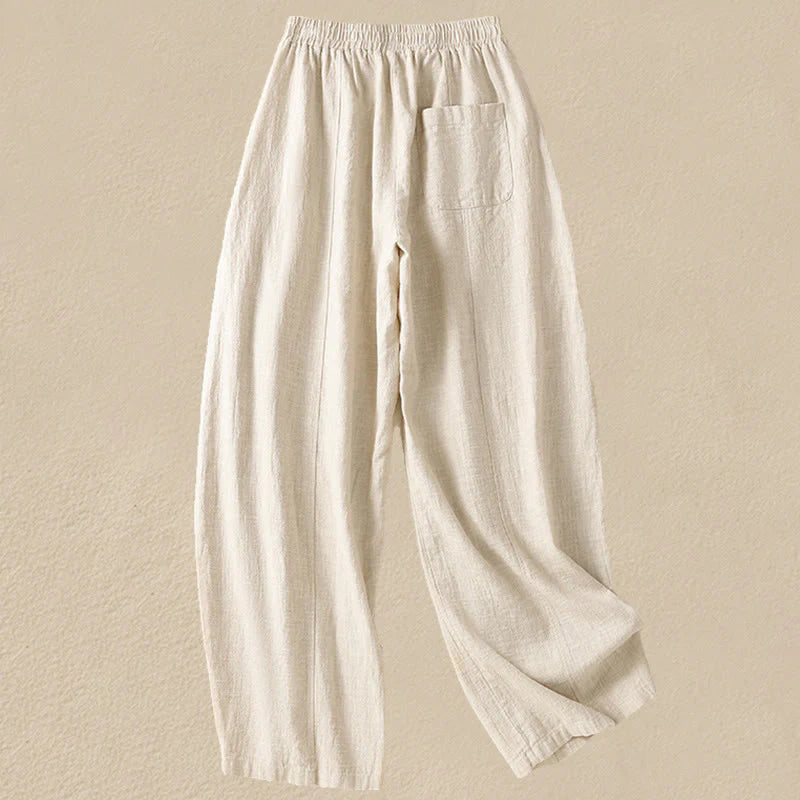 Buddha Stones Plain Simple Design High Waist Women's Cotton Linen Harem Pants With Pockets