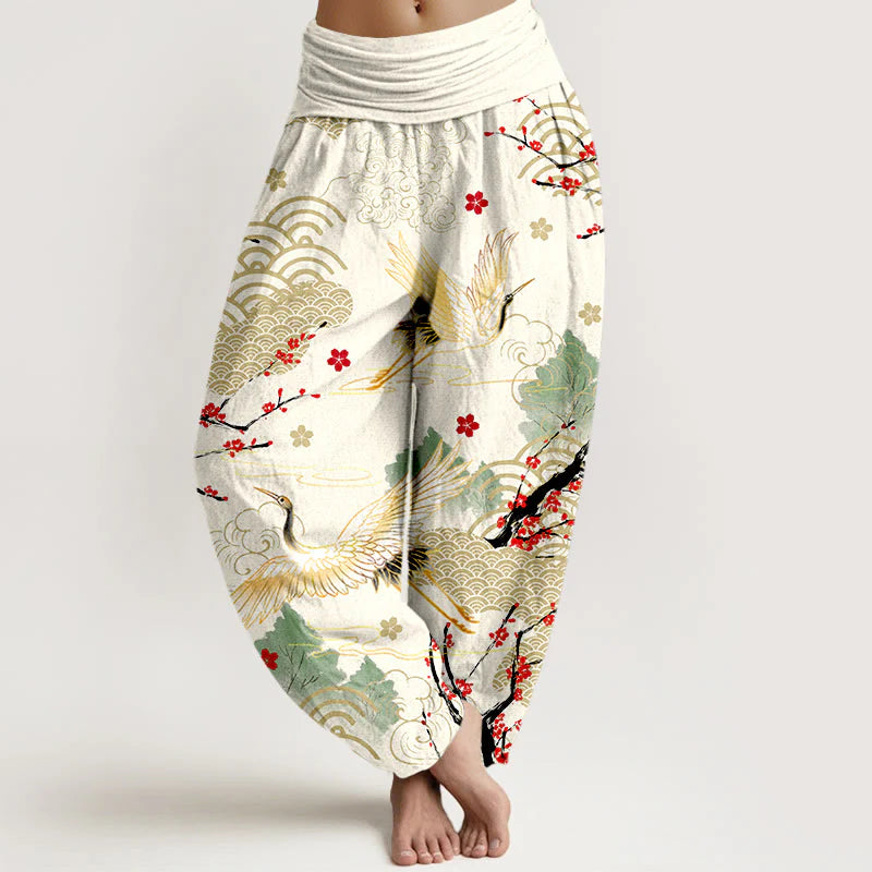 Buddha Stones Print Crane Auspicious Clouds Flowers Pattern Women's Elastic Waist Harem Cotton Pants