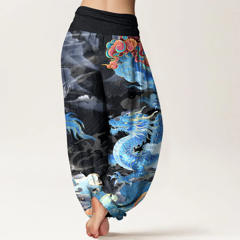 Buddha Stones Pure Cotton Gorgeous Dragon Cloud Rainbow Pattern Women's Elastic Waist Harem Pants