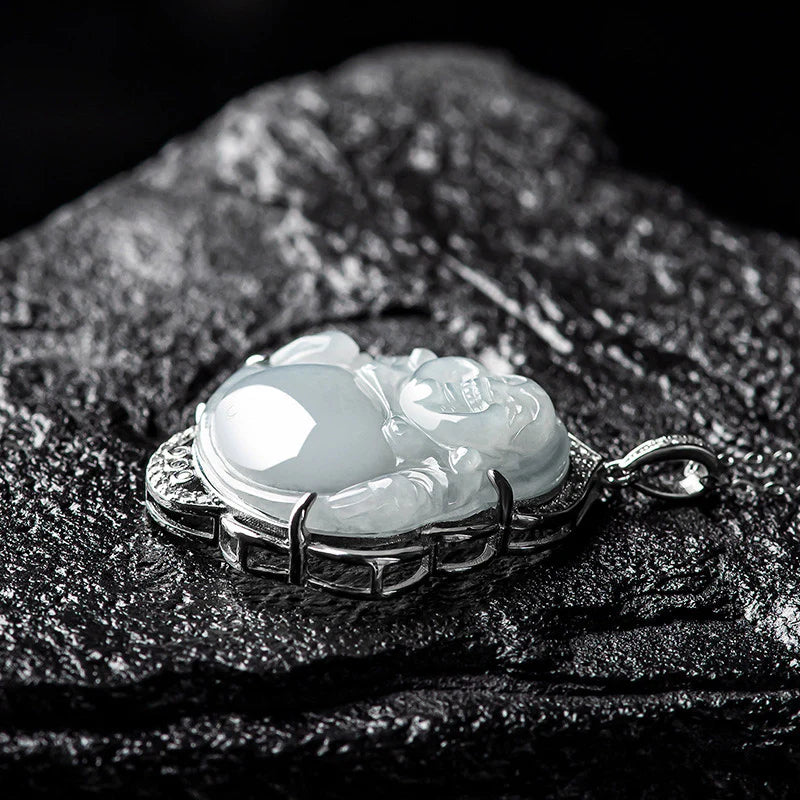 Buddha Stones Laughing Buddha Natural Jade Abundance Titanium Steel Chain Necklace Pendant