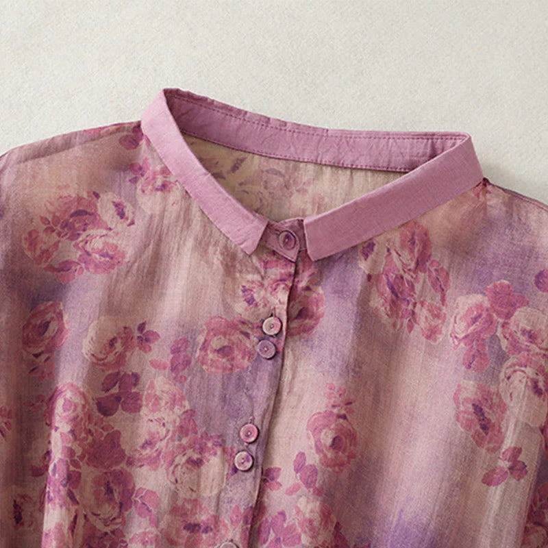 Buddha Stones Printing Buttons Drawstring High Waist Short Sleeve Cotton Midi Dress With Pockets