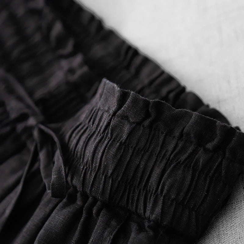 Buddha Stones Casual High Waist Ruffled Drawstring Design Women's Wide Leg Cotton Pants With Pockets