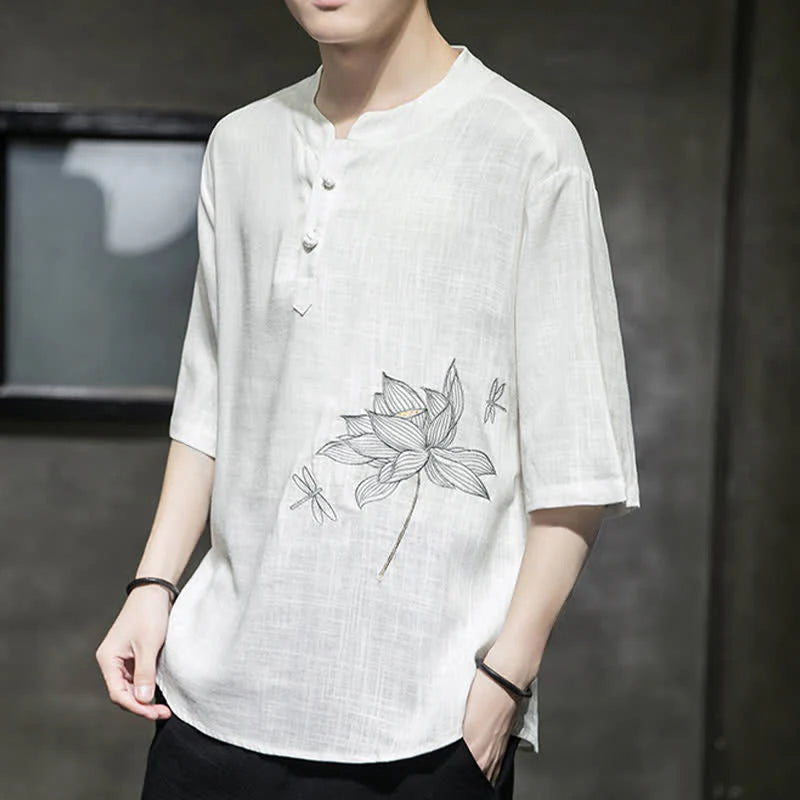 Buddha Stones Summer Embroidered Lotus Dragonfly Pattern Chinese Frog-Button Men's Short Sleeve T-shirt