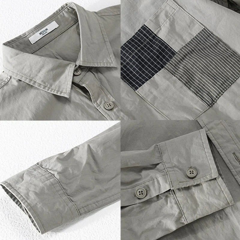 Buddha Stones Fall Square Color Blocking Decorative Pocket Buttons Down Stand Collar Long Sleeve Men's Cotton Shirt