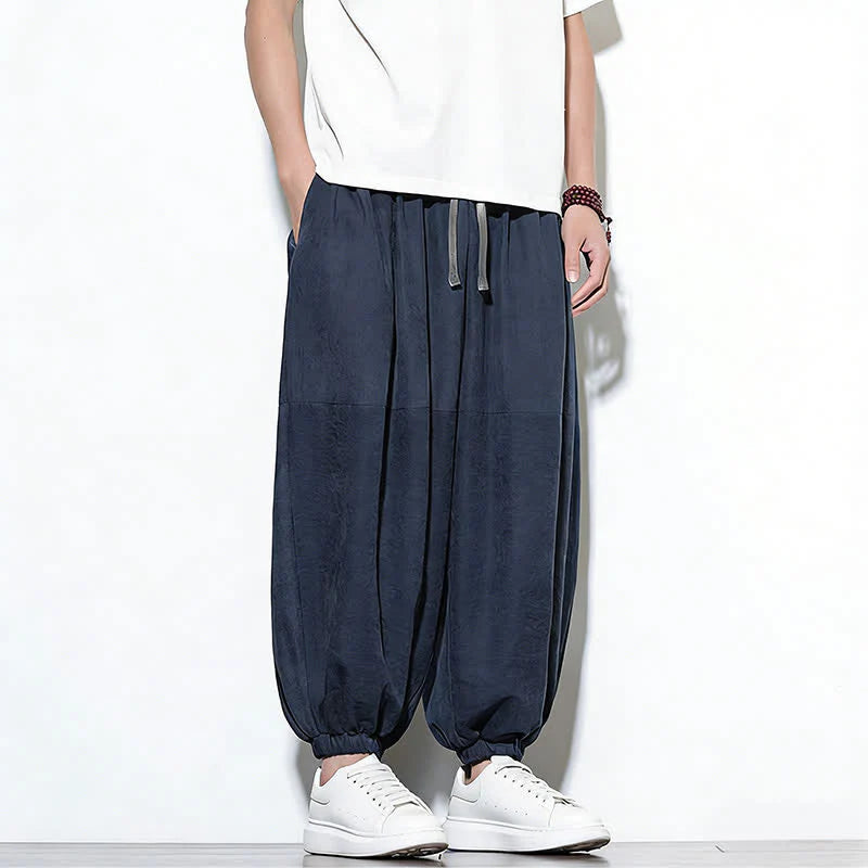 Buddha Stones Spring Solid Color Drawstring Cropped Men's Harem Cotton Pants With Pockets