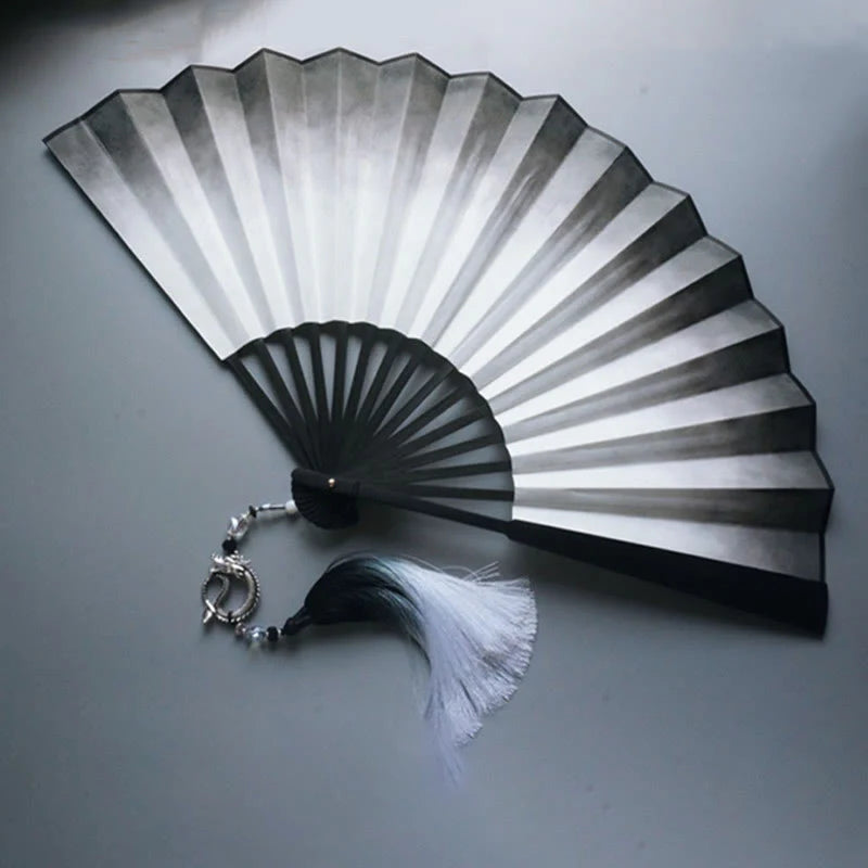 Buddha Stones Black White Ink Gradient Rice Paper Handheld Bamboo Folding Fan