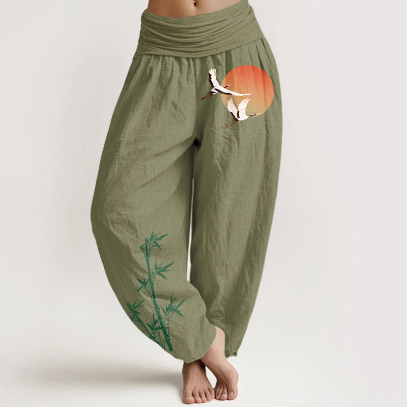 Buddha Stones Pure Cotton Elegant Sun Crane Bamboo Pattern Women's Elastic Waist Harem Pants