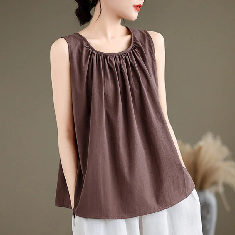 Buddha Stones Summer Artistic Solid Color Pleated Crew Neck Design Women's Cotton Linen  Vest