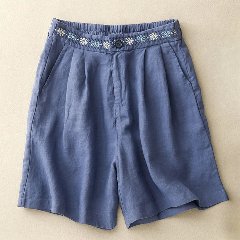 Buddha Stones Summer Casual Embroidery Flower Pleated Zipper Button Cotton Linen Women's Shorts With Pockets