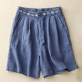 Buddha Stones Summer Casual Embroidery Flower Pleated Zipper Button Cotton Linen Women's Shorts With Pockets