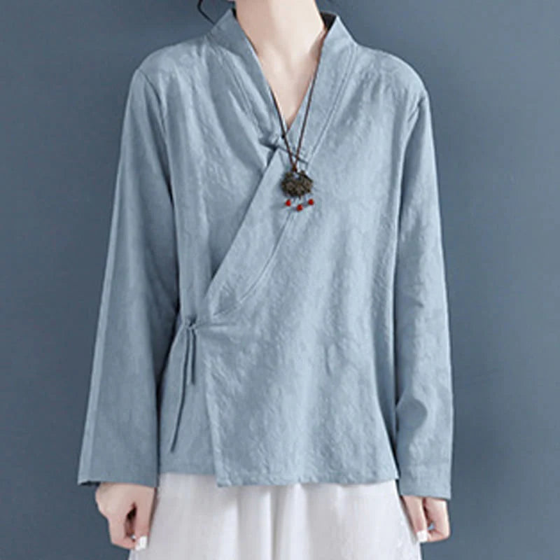 Buddha Stones Casual Solid Color Frog Button Long Sleeve Zen Cotton Linen Women's Shirt