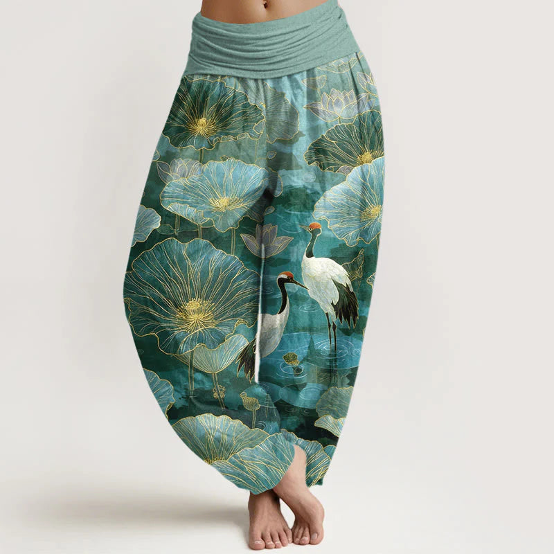 Buddha Stones Pure Cotton Elegant Crane Lotus Flower Leaf Pattern Women's Elastic Waist Harem Pants