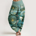 Buddha Stones Pure Cotton Elegant Crane Lotus Flower Leaf Pattern Women's Elastic Waist Harem Pants