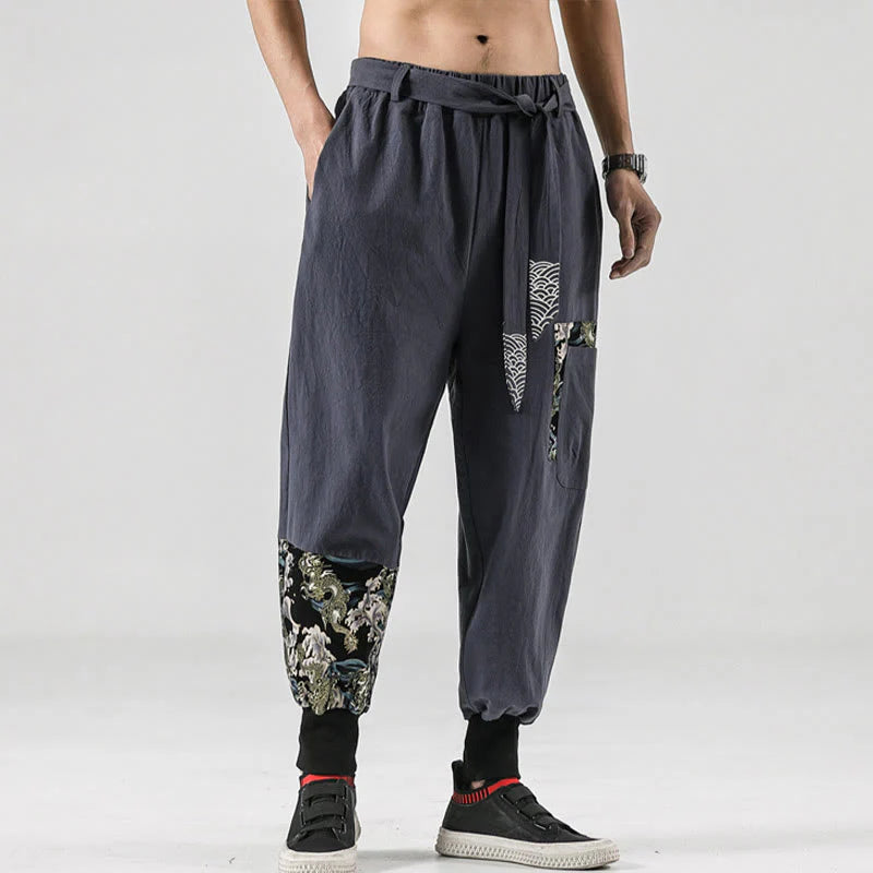 Buddha Stones Ocean Waves Lace-up Cotton Men's Harem Pants With Pockets