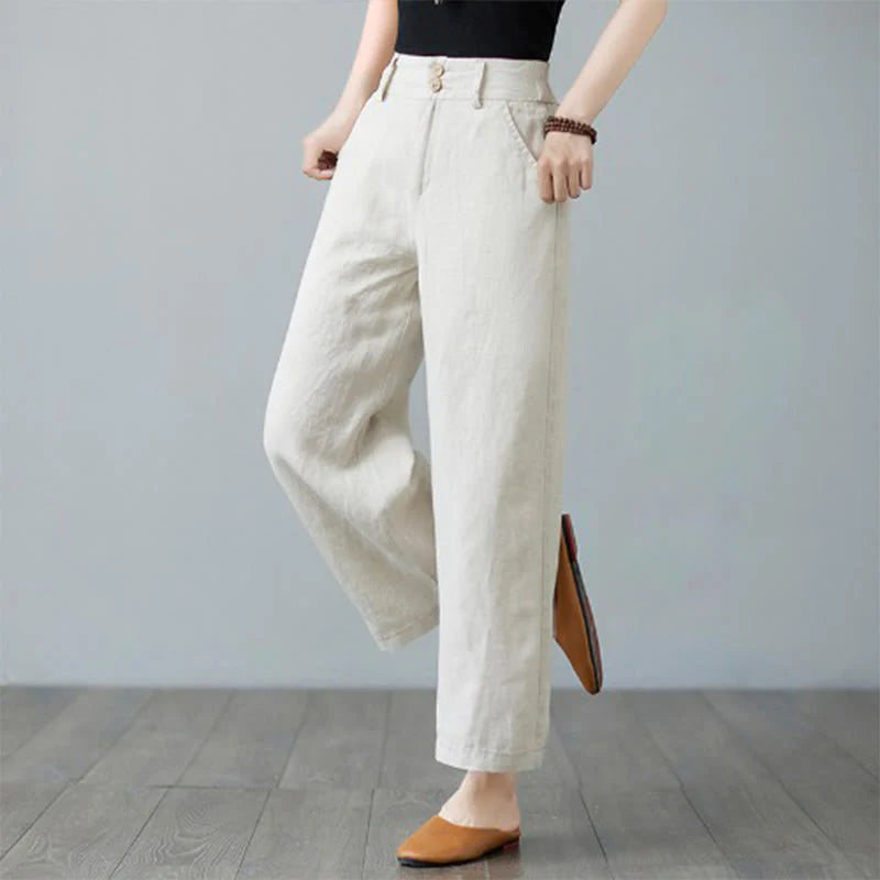 Buddha Stones Daily Solid Color Patchwork Simple Design Cotton Linen Women's Pants With Pockets