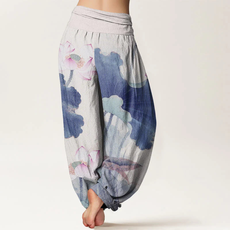 Buddha Stones Cotton Casual Lotus Petal Pods Pattern Women's Elastic Waist Harem Pants