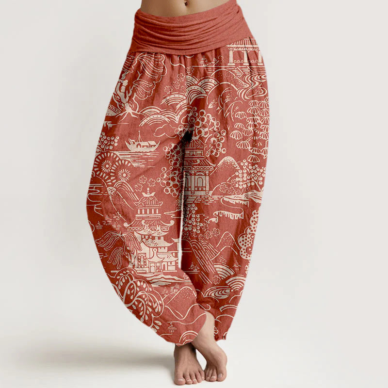 Buddha Stones Cotton Exquisite Tree Building Cloud Pattern Women's Elastic Waist Harem Pants